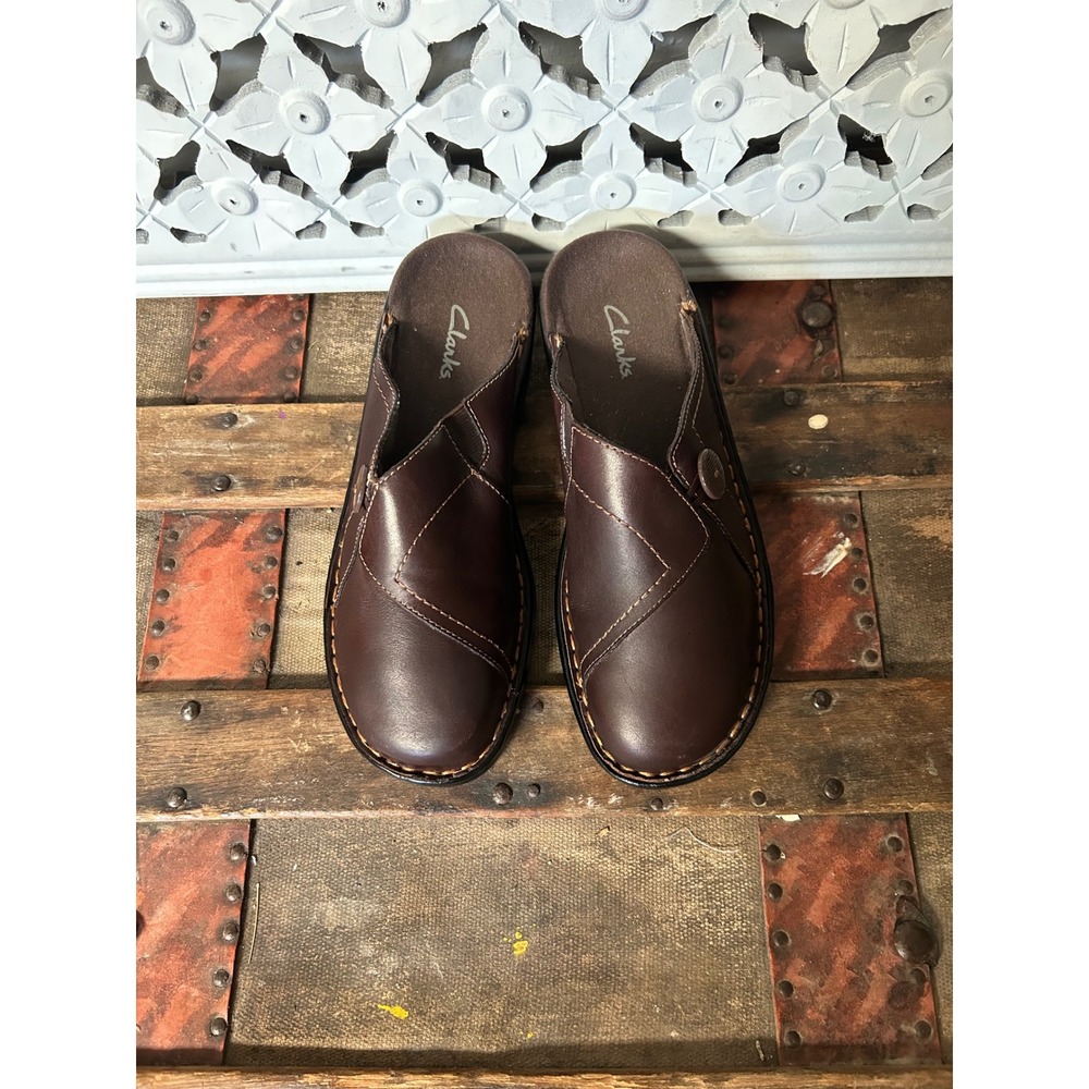 Clarks Womens Brown Leather Mules Slip On‎ Clogs Comfort Shoes Size 7M